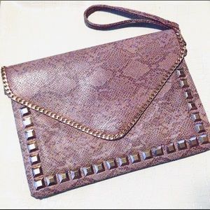 NWT Taupe reptile print gold studded clutch
